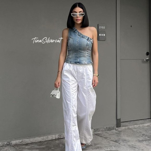 BLOGGER'S FAVE! Zara Denim One Shoulder Top NWT - Picture 1 of 16